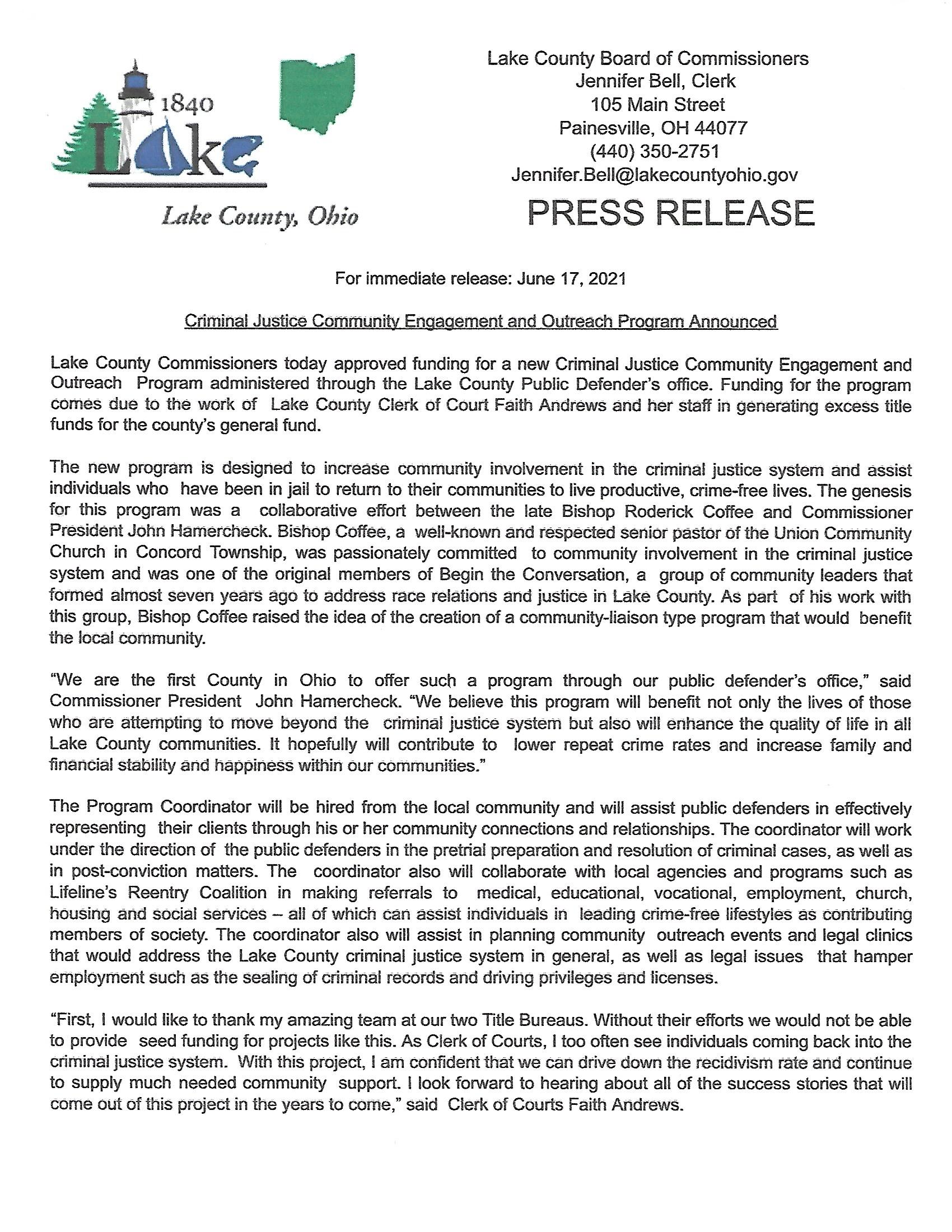 Clerk of Courts Funds Criminal Justice Community Outreach Program